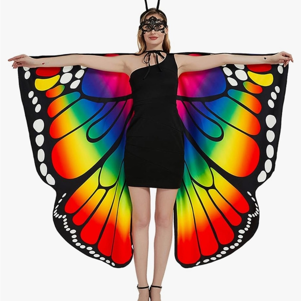 Rainbow Butterfly Wing Cape with Black Lace Mask and Head Band Costume Set